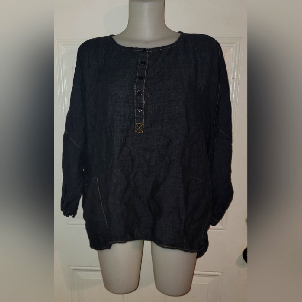 Eileen Fisher 100% Linen Oversized Boxy Lagenlook Top Size L Flaw
